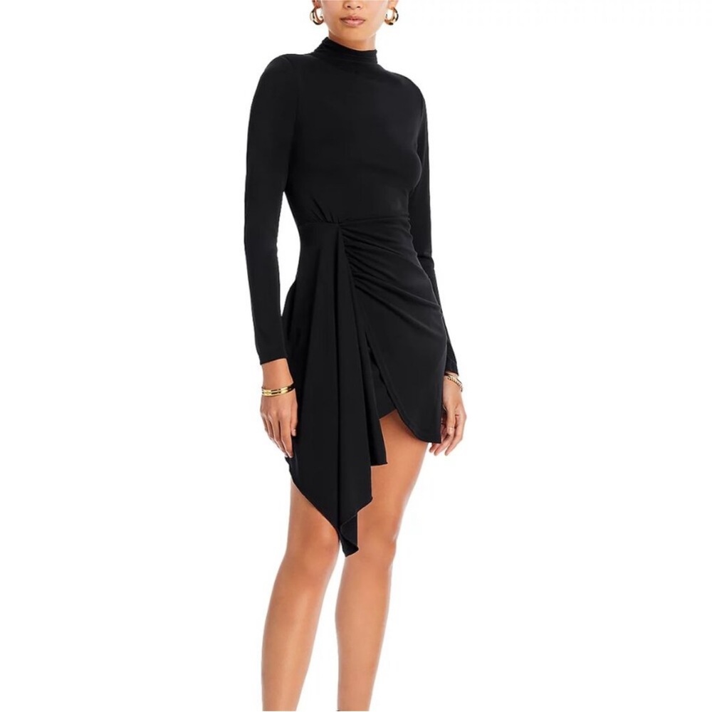 AQUA Mock Neck Long Sleeve Wrap Mini Dress Black Stretch Jersey Cocktail XL